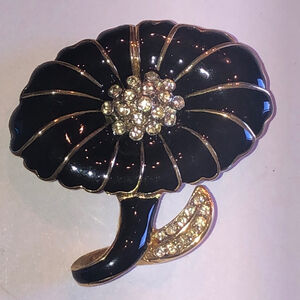Elegant Vintage Black Enamel and Gold Tone Rhinestone Retro Boho Flower Brooch